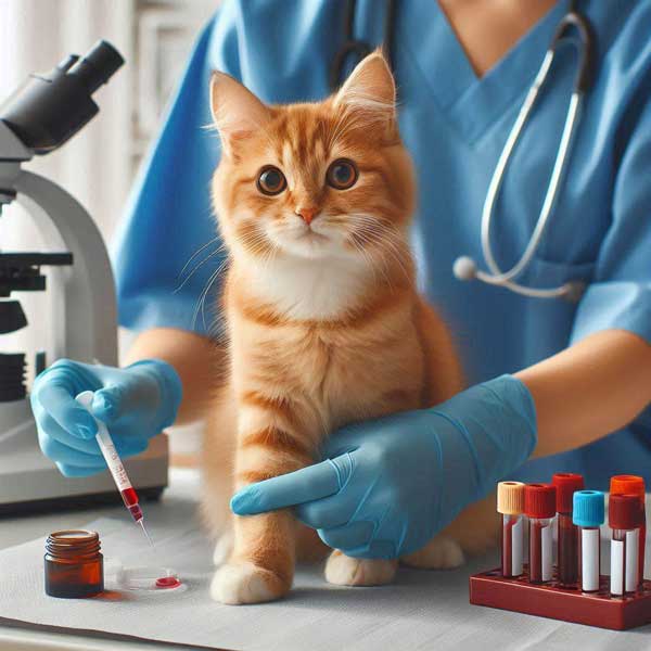 a vet taking blood sample from a cat