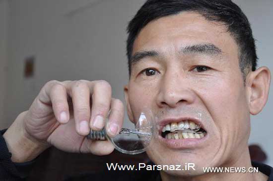 این مرد عجیب چینی شیشه لامپ می خورد + عکس