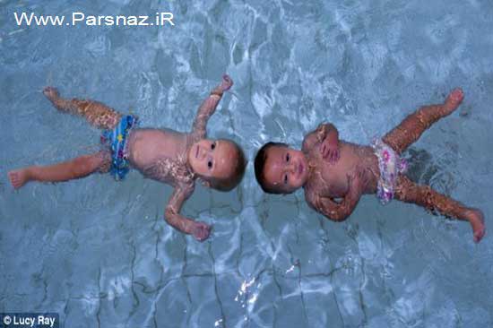 مهارت بسیار عجیب دو نوزاد دوقلو در شنا کردن (عکس)